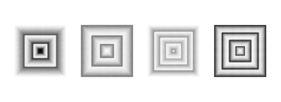 Halftone dotted square set. Black comic texture rectangle collection. Pixelated design elements collection. Abstract geometric bitmap background pack. Dithered overlay bundle vector