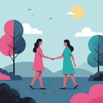 Two women shaking hands outdoor with pink and teal trees under sunny sky illustration vector