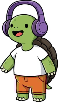 Cute turtle character wearing orange shorts white t-shirt and purple headphones illustration vector