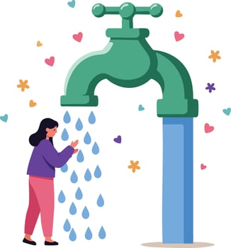 Woman washing hands under large green faucet with colorful hearts and flowers illustration vector