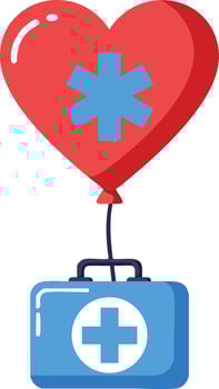 Heart shaped medical balloon with first aid kit symbol illustration in red and blue colors for healthcare concept vector