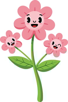 Pink happy flowers with green leaves cartoon style illustration for children and nature design vector
