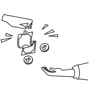 hand giving money to another hand with money in hand vector