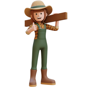 3D Female Farmer Character gives a thumbs up while working carrying wood. png