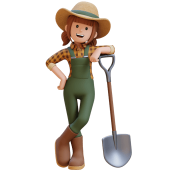 3D Female Farmer Character leaning against a shovel png