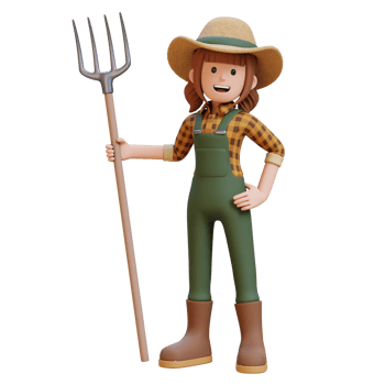 3D Female Farmer Character standing confident holding a pitchfork png