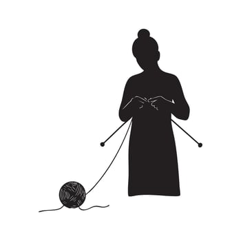 A silhouette of a woman knitting with a ball of yarn vector