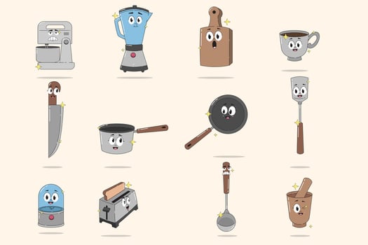 Cute kitchen utensils with cartoon faces, perfect for children's educational content or fun culinary-themed designs vector