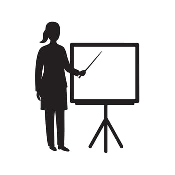 A black silhouette of a woman standing in front of a white board vector