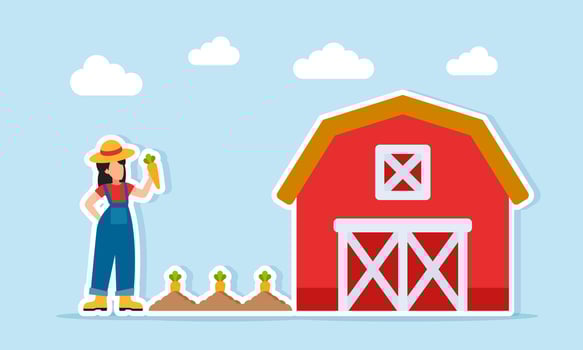Farmer planting carrots near barn illustration of effective agricultural management vector