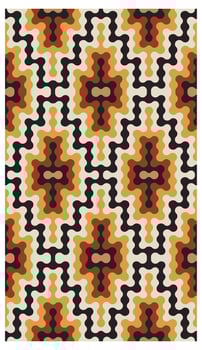 The image features a geometrically complex seamless pattern, dominated by a warm color palette of earth tones. The primary colors are a muted beige, a golden yellow, a rich rust, and a deep charcoal vector