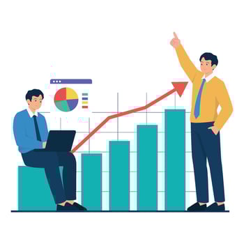 One man sits with a laptop while another points to a growing bar chart, presenting a successful business plan. vector
