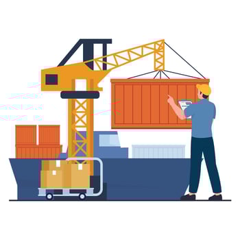 Worker manages shipping containers with cranes at a port, preparing goods for overseas transport. vector