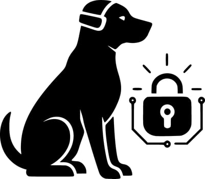 Cyber security concept has a loyal dog wearing headphones and a secure padlock, silhouette vector