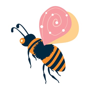Cartoon Honeybee With Pink Spiral Wings And Striped Body. Adorable cartoon insect. Cute nature bug perfect for invitations, cards, posters, holidays, stickers. vector
