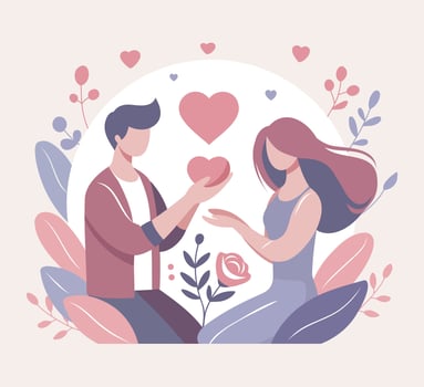 Couple exchanging hearts and flowers vector