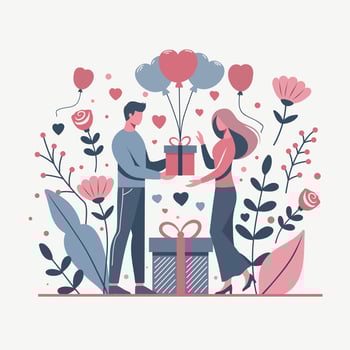 Couple giving gift surrounded by flowers vector