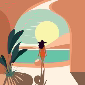 Woman walking toward beach at sunset vector