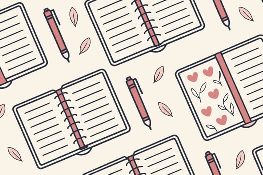 Seamless pattern of open notebooks with blank pages, pink pens, and leaves scattered around on a light beige background vector