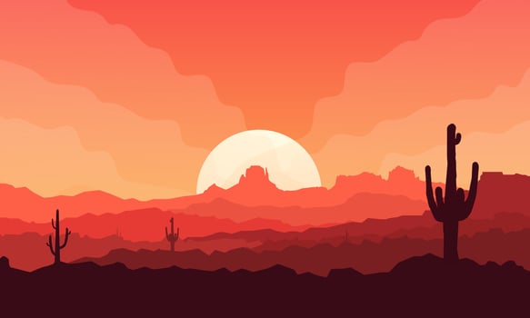 Desert sunset with silhouettes of cacti vector