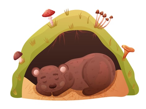 Sleeping bear inside cave in autumn forest. Animal underground den vector