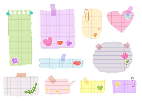 School memo stickers and speech bubbles with pinned notebook paper. Kids vision board or planer vector