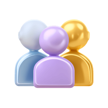 Three glossy stylized people icons in blue purple and gold on transparent background png