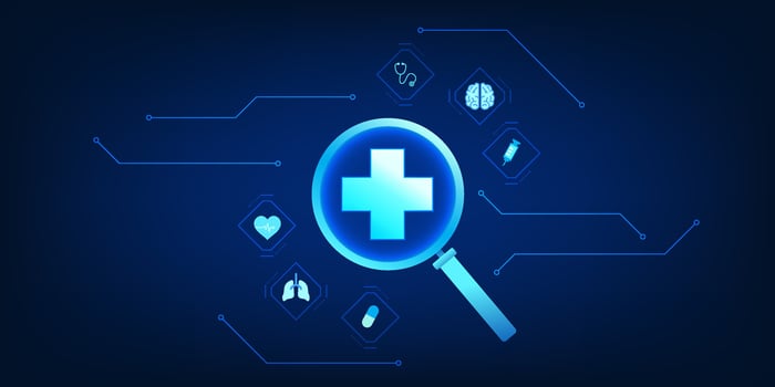 Health care technology Magnifying glass used to view medical icons, showing technology and medicine that helps find new treatment and diagnosis information for patients. vector
