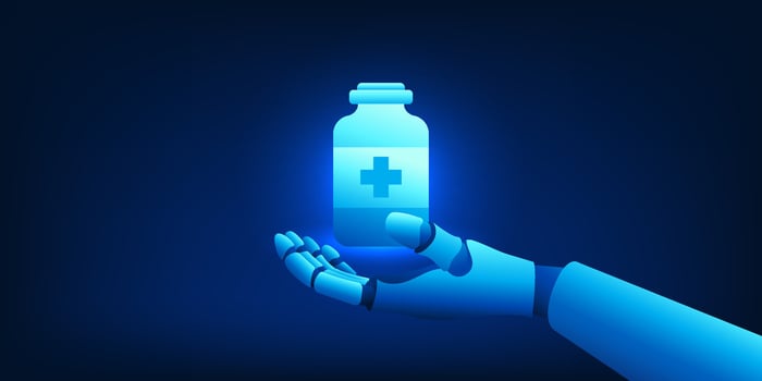 Robot holding a bottle of medicine represents medical technology that uses artificial intelligence to invent medicine to prevent disease and reduce symptoms of illness. vector
