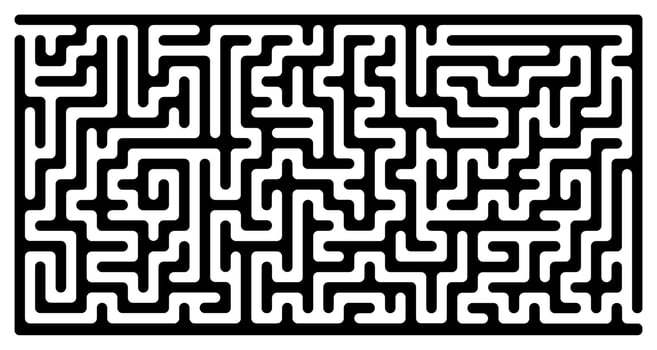 Black white maze horizontal design, bold abstract labyrinth with rounded thick lines, easy moderate difficulty puzzle background, brain teaser concept with swirling confusing path and entrance vector