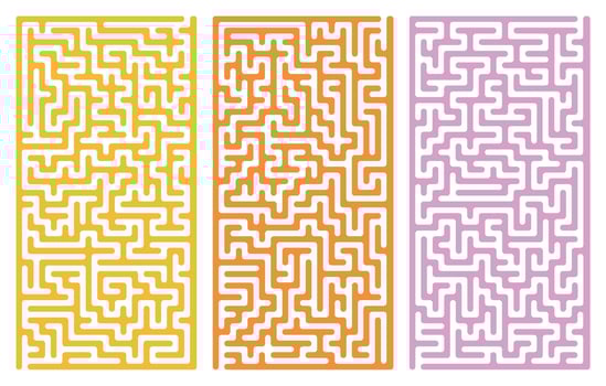 maze with rounded corners in yellow, orange, and pink vertical panels. Complex puzzle labyrinth design with twists, turns, paths, transparent background. Colorful abstract game background vector