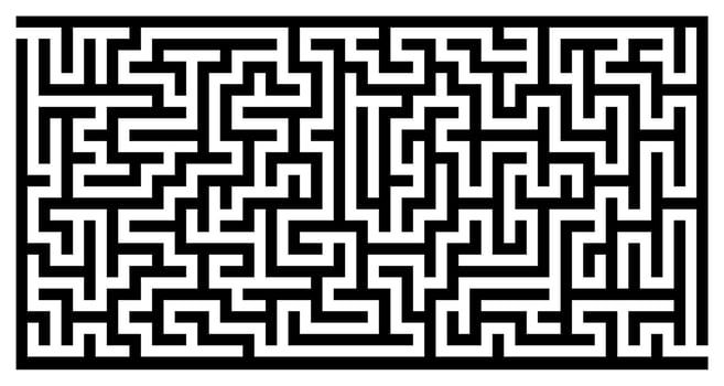 Dense black maze pattern with sharp edges, rectangular abstract puzzle labyrinth on transparent background, complex logic game design template for kids and adults, challenge solution concept vector