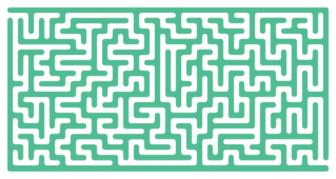 Green maze with rounded paths and transparent background. Complex horizontal labyrinth puzzle with entrance, exit, twists, turns, and logic game layout for abstract strategy challenge vector