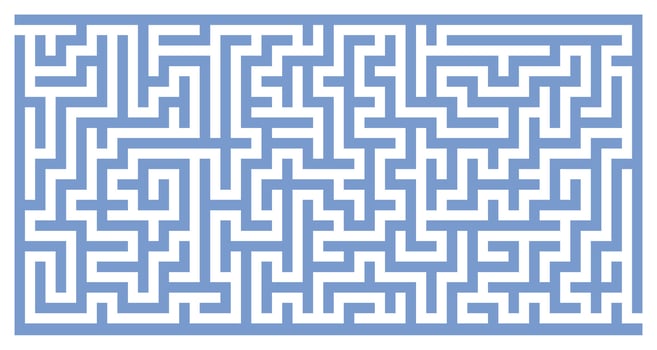 Blue maze in horizontal orientation with transparent background. Complex abstract labyrinth puzzle with hard paths, twists, turns, mind game, logic design for creative challenge template vector