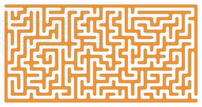 Orange maze puzzle background with geometric rounded path, abstract labyrinth design template, fun brain challenge game on transparent for children activity print or digital use vector