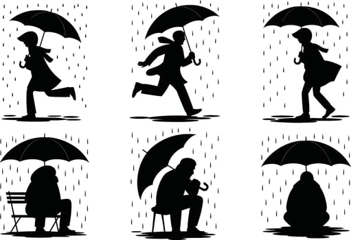 Silhouetted People with Umbrellas in Rain Six Black Figures vector