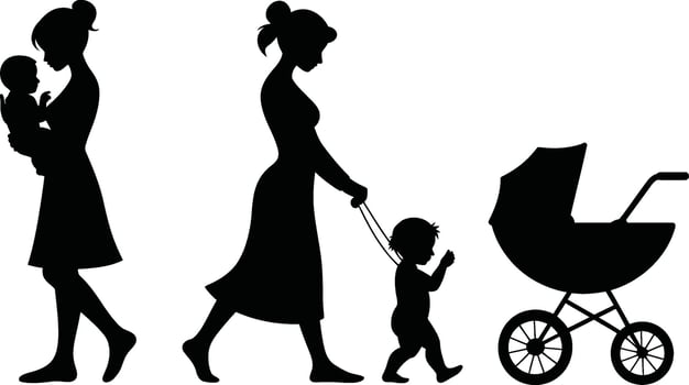 Black Silhouettes of Mother with Baby, Child Walking, and Stroller on White vector