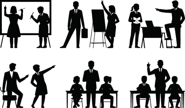 Silhouetted Figures in Business Attire Presenting and Teaching on White Background vector