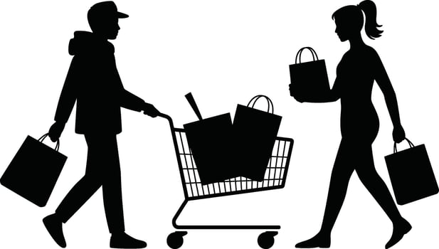 Black Silhouettes of Shoppers with Shopping Cart and Bags on White Background vector