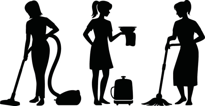 Black Silhouettes of Women Performing Cleaning Tasks Vacuuming Serving Mopping vector