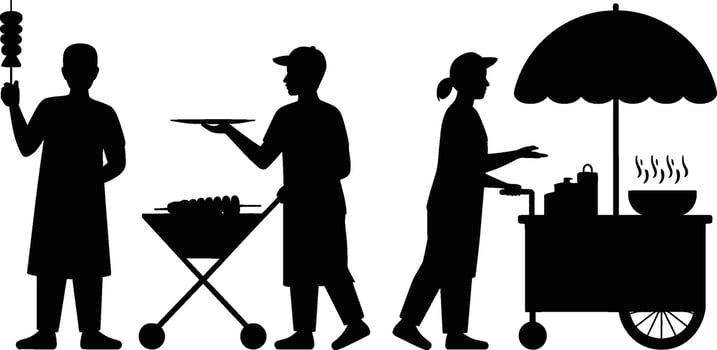 Street Food Vendors Silhouettes with Skewers Grill Cart and Umbrella vector
