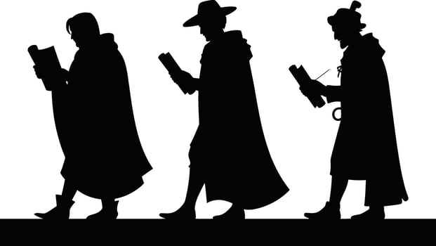 Three Black Silhouetted Figures in Robes Reading Scrolls Walking vector