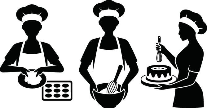 Black and White Bakers Preparing Food with Cake and Baking Tools vector