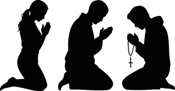Black Silhouettes Kneeling in Prayer with Rosary and Cross vector
