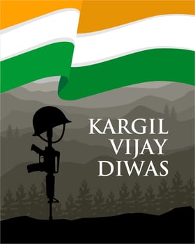 Kargil Vijay Diwas poster with Indian flag and soldier memorial cross illustration vector