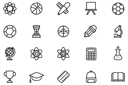 Assorted School Supplies and Education Icons Set Featuring Science, Sports, Arts, and Academic Achievement Symbols vector