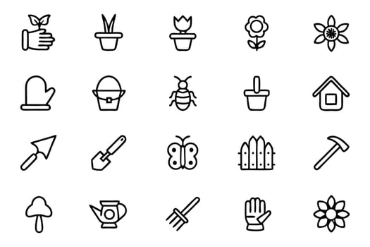 Collection of Garden Icons Exploring Gardening Elements Tools Flowers and Insect World in a Minimalist Black and White Style vector