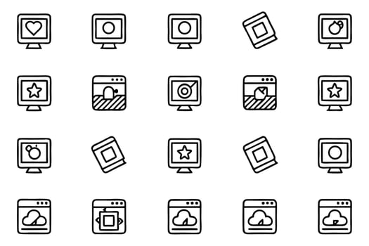 Assorted Black and White Iconography Collection Exploring Themes of Technology Communication and Creativity in a Clean Minimalist Style vector