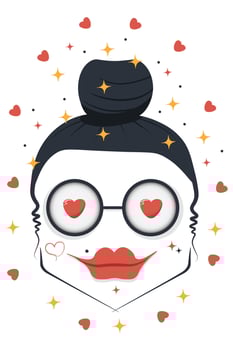 Cute Cartoon Face with Heart Eyes and Sparkles Love. Female Character with Hearts and Glasses vector
