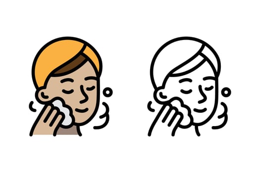 Graphic of a person cleansing their face or applying make-up. Ideal for skincare, beauty products, facial cleansers, spa services, health articles. icon design concept vector